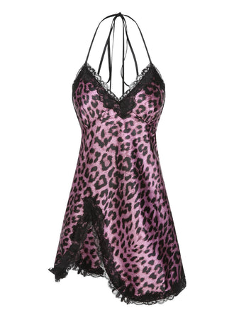 Pigiama leopardato con bretelle in pizzo patchwork viola anni '50