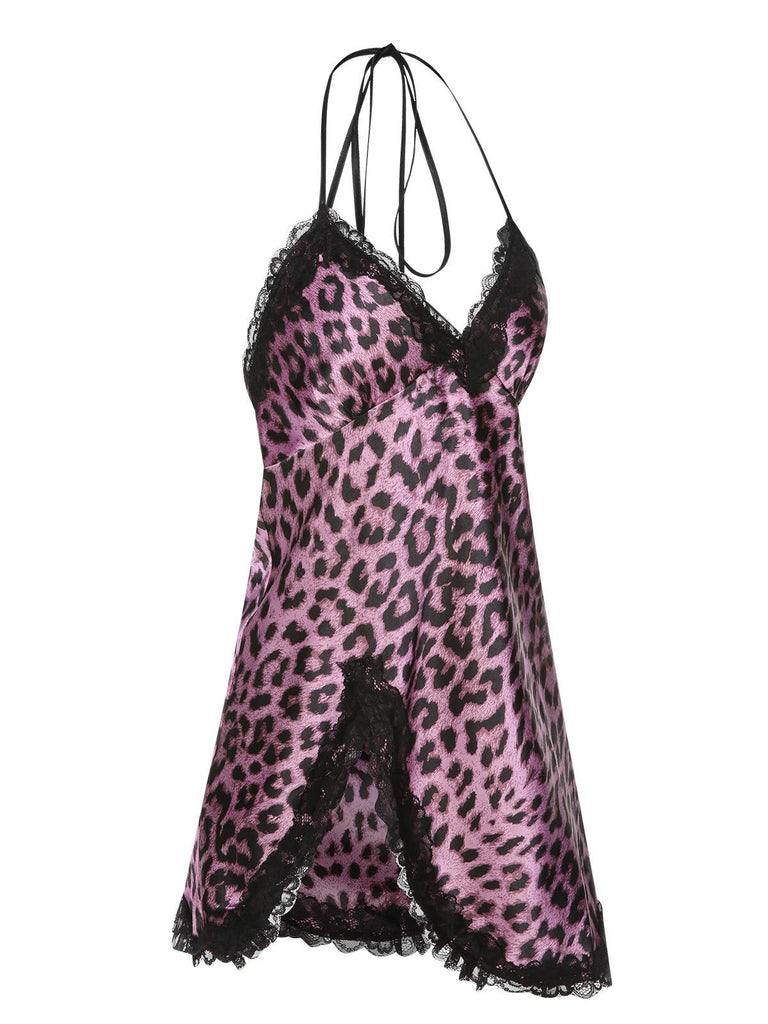 Pigiama leopardato con bretelle in pizzo patchwork viola anni '50