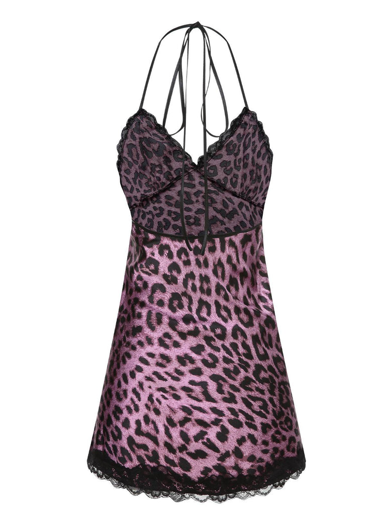Pigiama leopardato con bretelle in pizzo patchwork viola anni '50