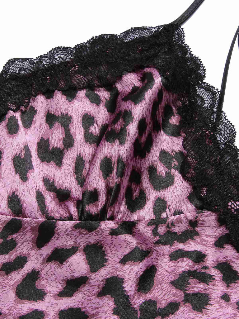 Pigiama leopardato con bretelle in pizzo patchwork viola anni '50