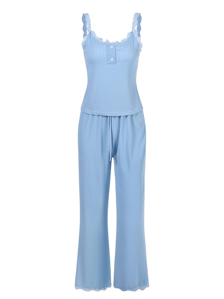 2PCS Pigiama patchwork in pizzo blu anni '50