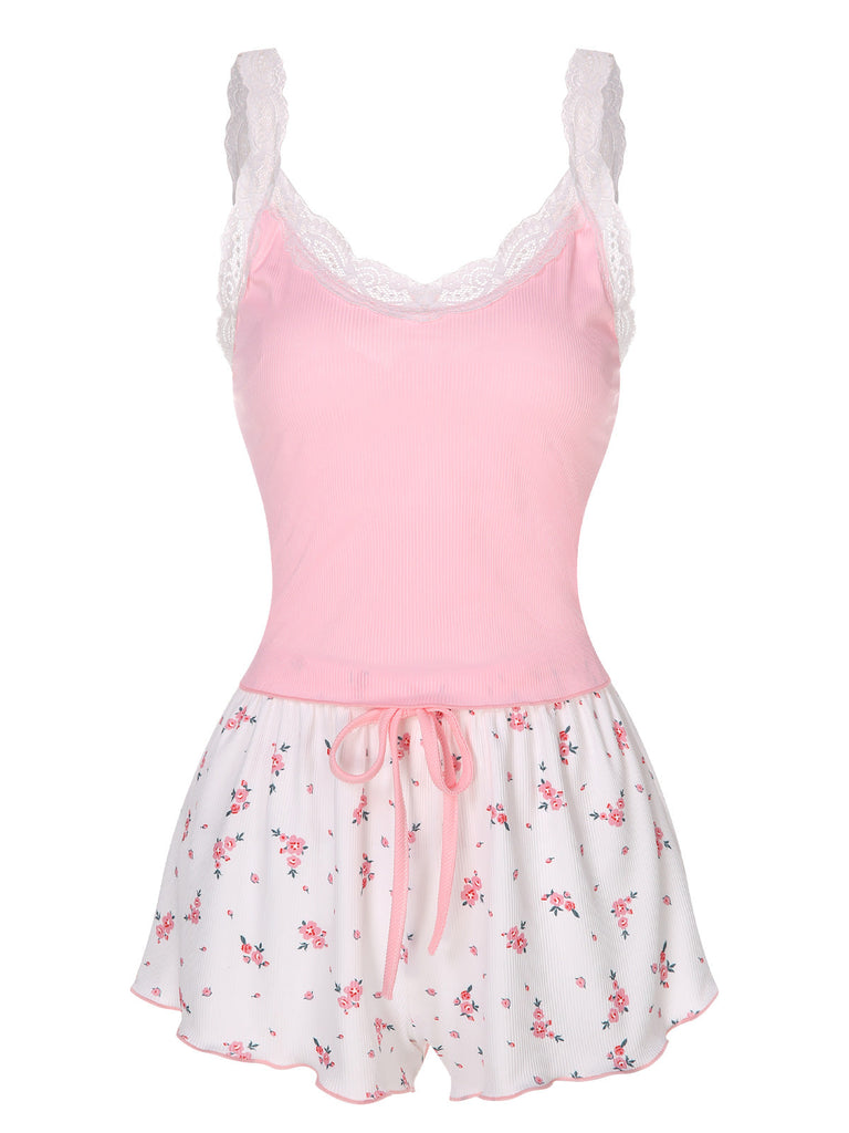 Pigiama floreale in pizzo patchwork rosa anni '50