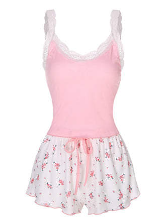 Pigiama floreale in pizzo patchwork rosa anni '50