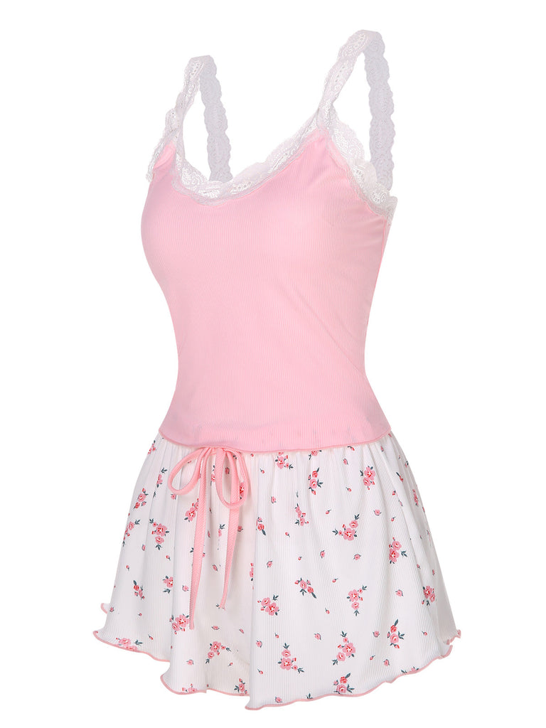 Pigiama floreale in pizzo patchwork rosa anni '50