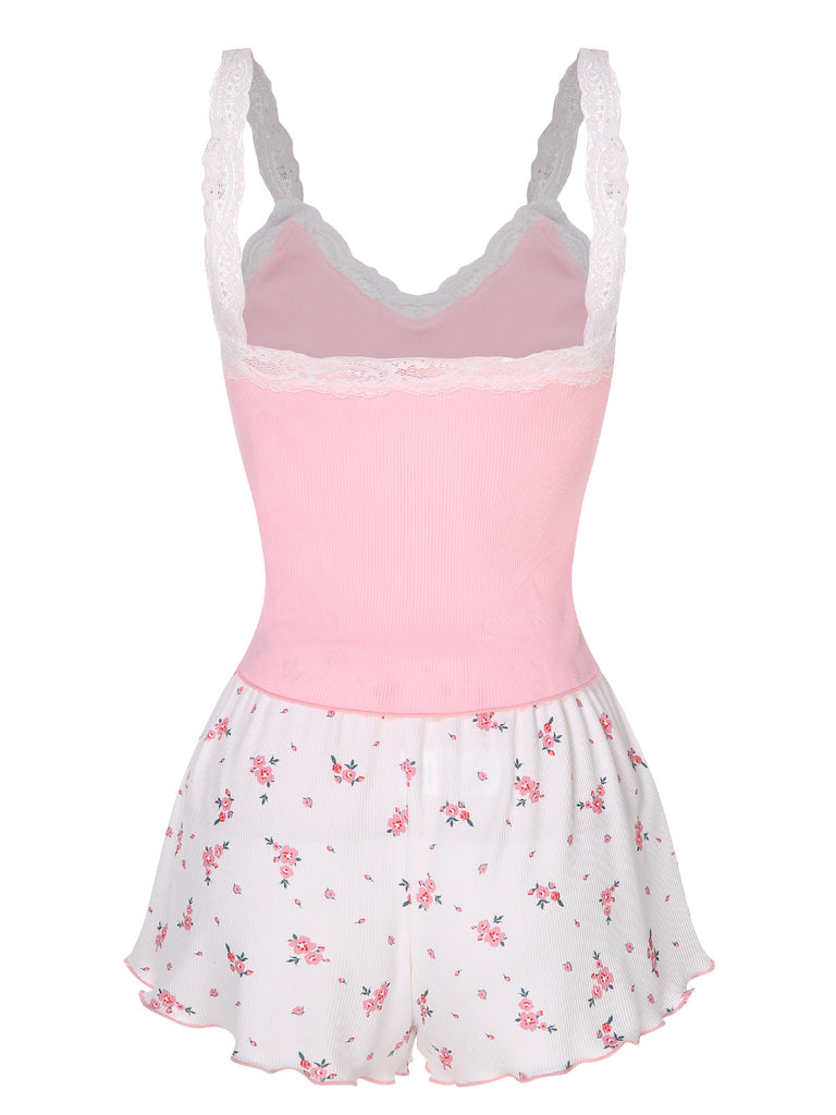 Pigiama floreale in pizzo patchwork rosa anni '50