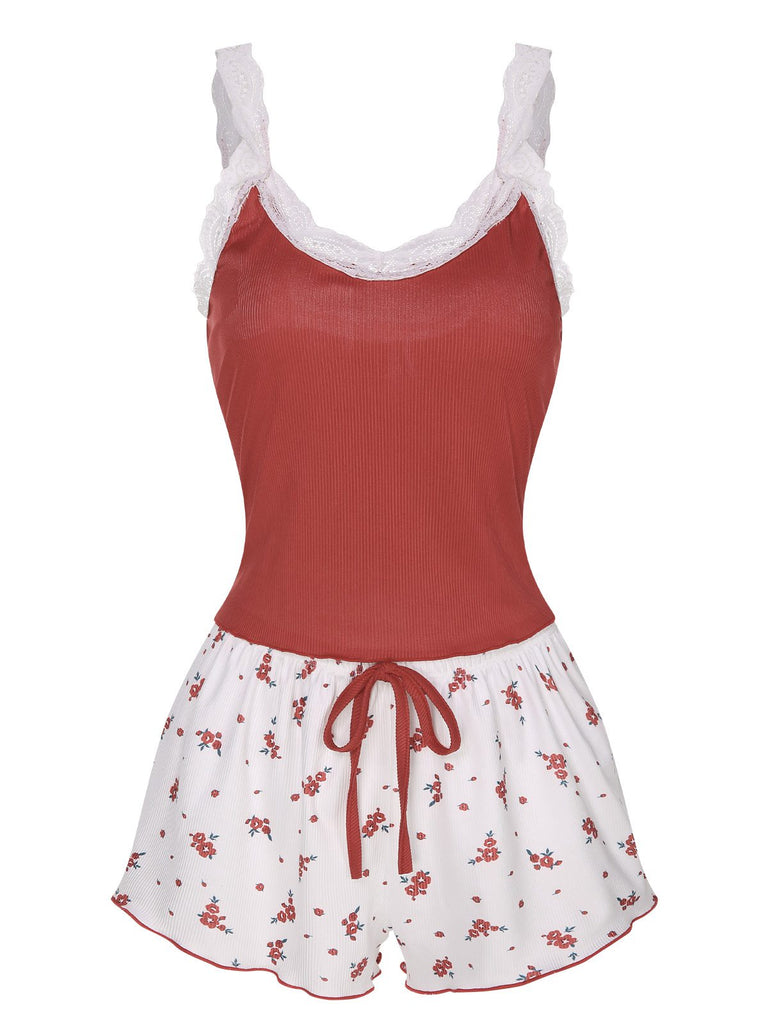 2PCS Pigiama con spalline in pizzo bordeaux anni '50