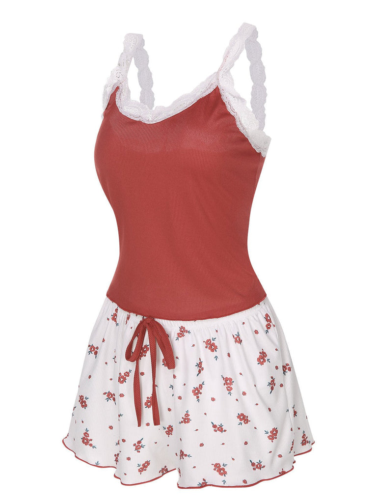 2PCS Pigiama con spalline in pizzo bordeaux anni '50
