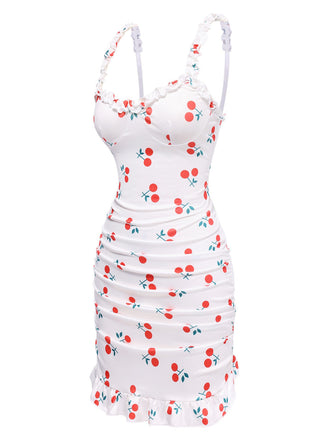 Camicia da notte ciliegia con spalline e orlo arricciato anni '60