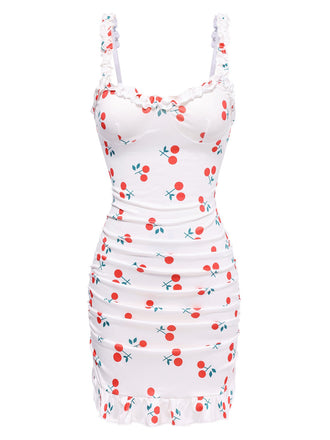 Camicia da notte ciliegia con spalline e orlo arricciato anni '60