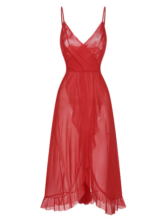 Camicia da notte trasparente volant scollo a V rosso anni '30