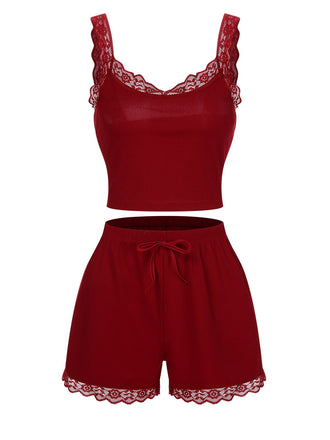 Pigiama con spalline in pizzo rosso anni '70