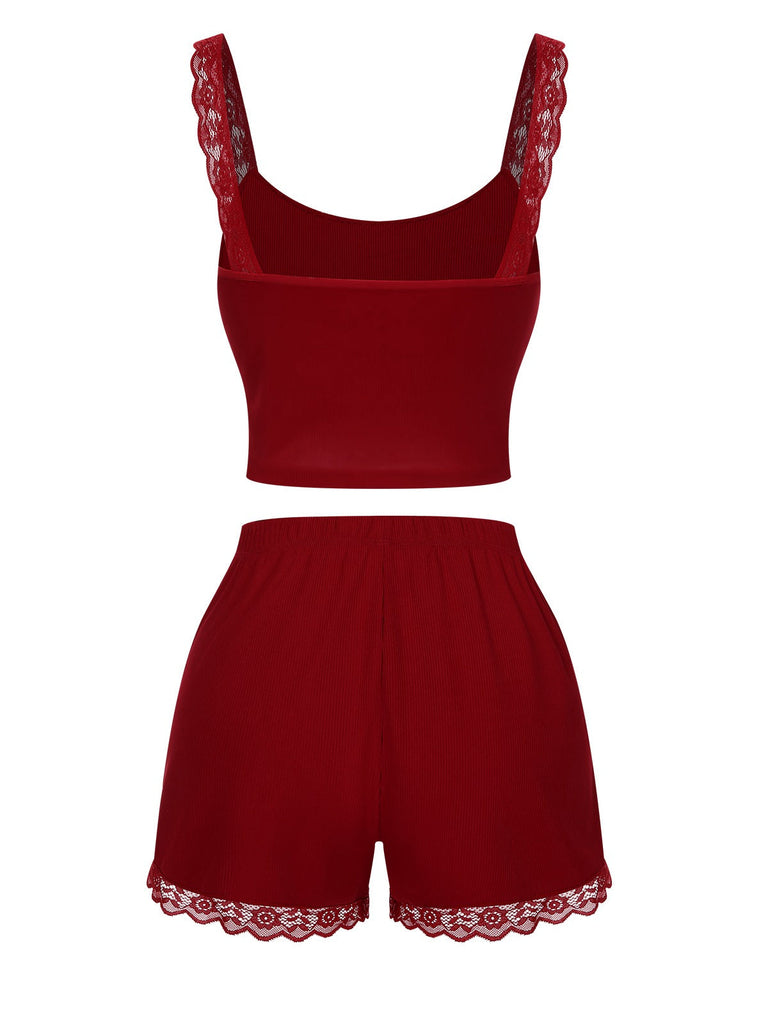 Pigiama con spalline in pizzo rosso anni '70
