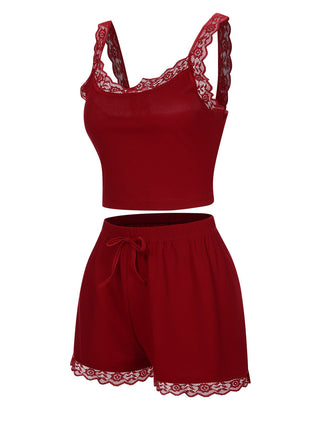 Pigiama con spalline in pizzo rosso anni '70