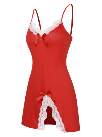 Camicia da notte in pizzo con fiocco e spalline sottili anni '70