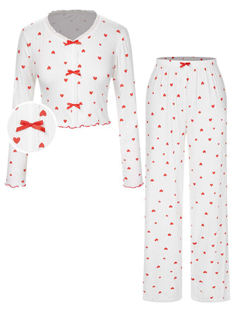 Pigiama a maniche lunghe con fiocco a cuore bianco anni '70
