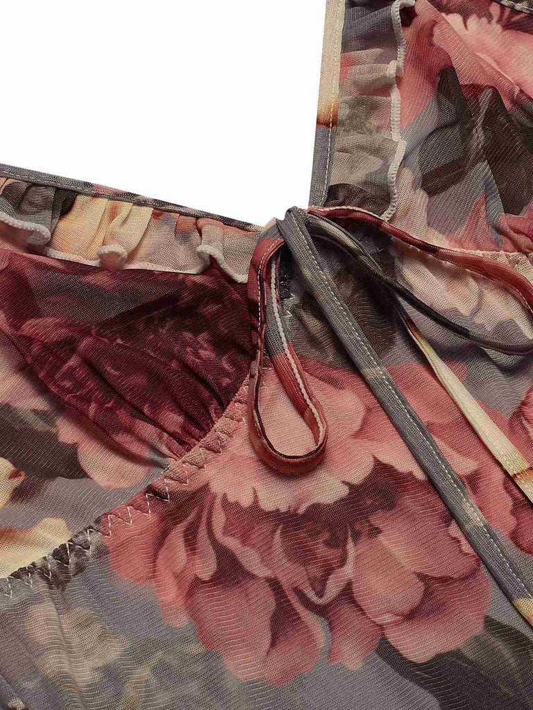 Camicia da notte floreale con scollo a V multicolore anni '70