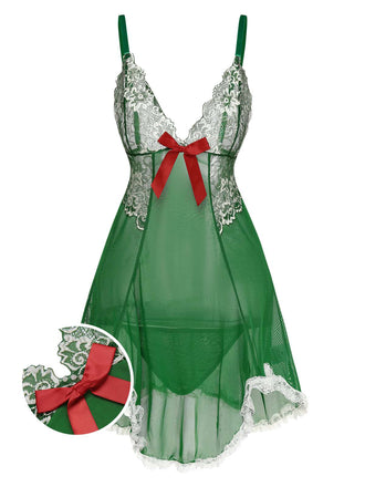 Camicia da notte trasparente in pizzo patchwork verde anni '40