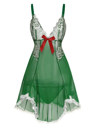 Camicia da notte trasparente in pizzo patchwork verde anni '40