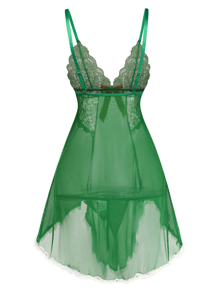 Camicia da notte trasparente in pizzo patchwork verde anni '40
