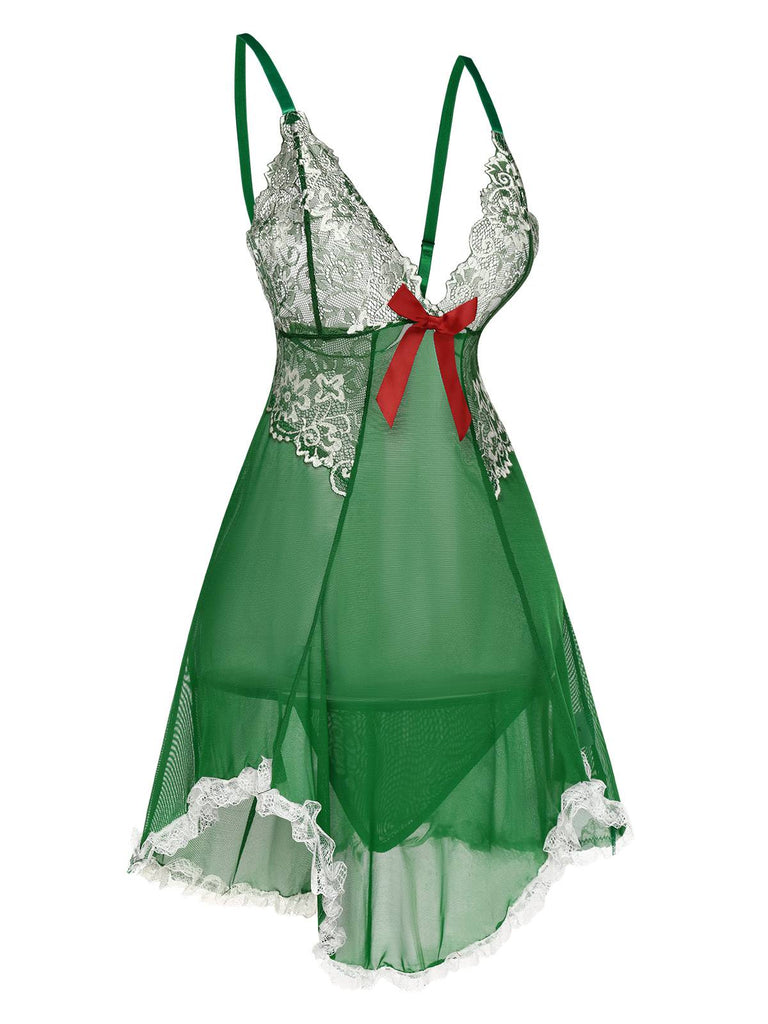 Camicia da notte trasparente in pizzo patchwork verde anni '40