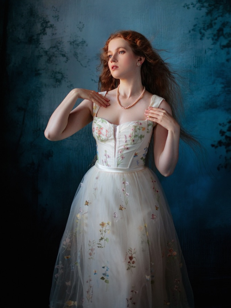 Abito floreale in rete con lacci e stecche giallo anni '30