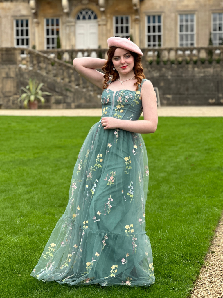 Abito floreale in rete con lacci e stecche verde anni '30