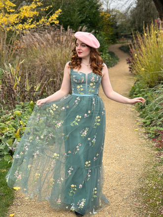 Abito floreale in rete con lacci e stecche verde anni '30