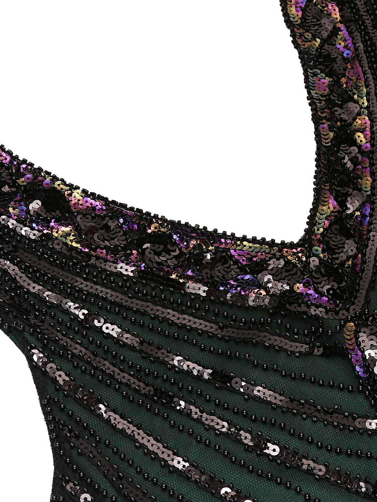 Abito jazz con frange e paillettes verde scuro anni '20