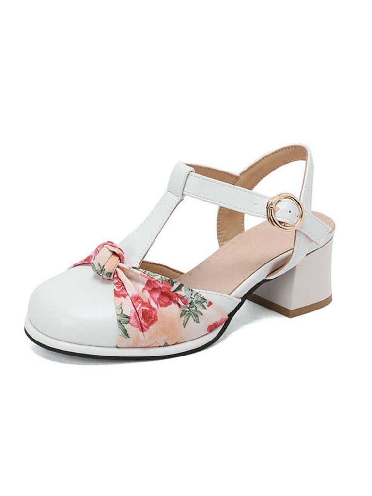 Sandali-Mary-Jane-bianco-Floreali-con-Fiocco-Punta-Tonda-e-Cinturino-a-T