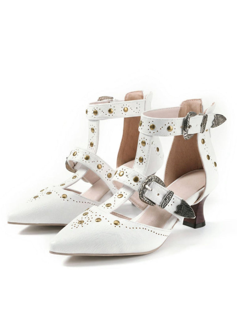 Sandali-bianco-vintage-in-similpelle-a-punta-con-borchie