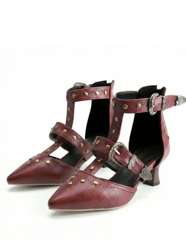Sandali-bordeaux-vintage-in-similpelle-a-punta-con-borchie