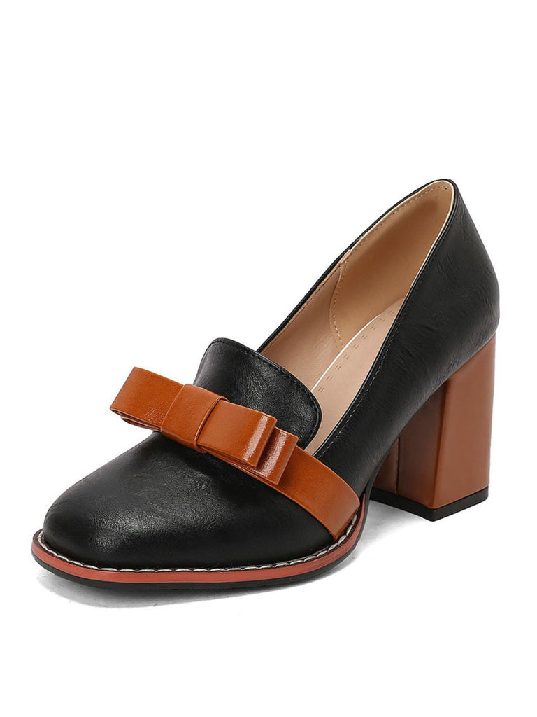 Scarpe-nero-con-Fiocco-Punta-Quadrata-e-Tacco-Grosso