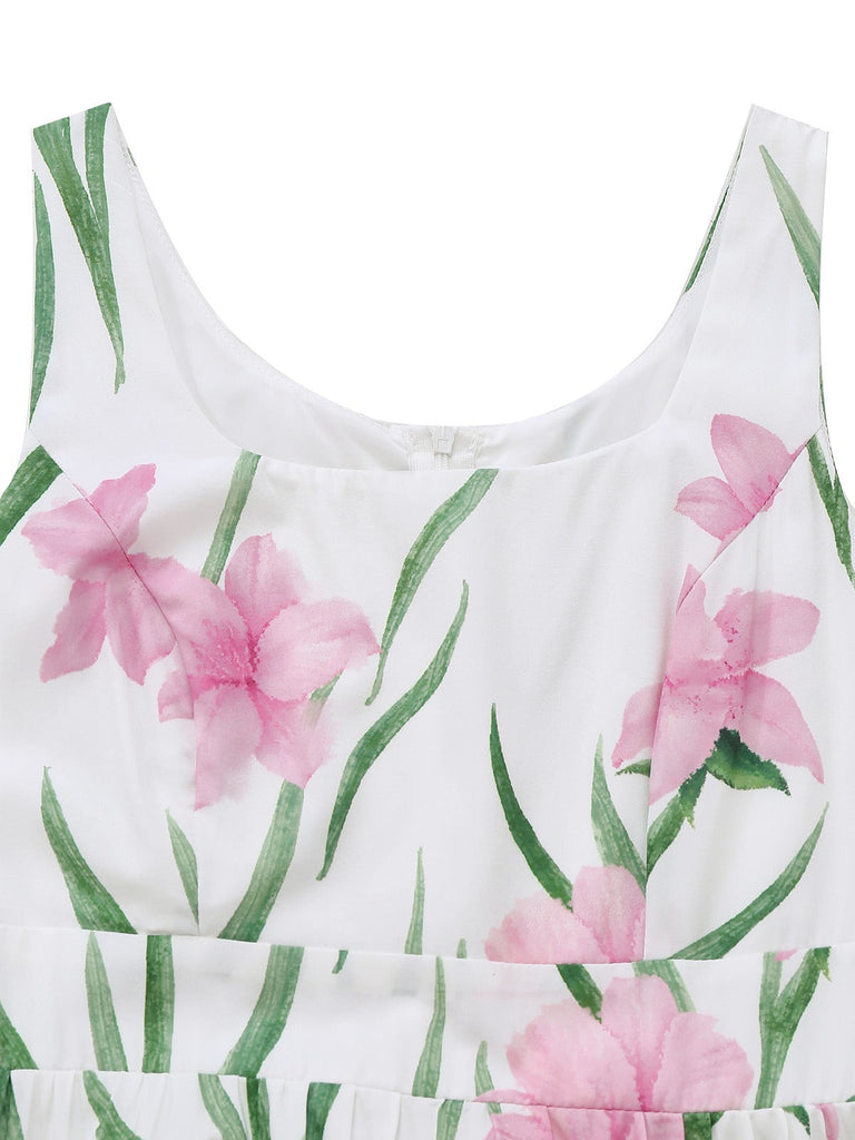 Abito lungo bianco anni '30 floreale senza maniche