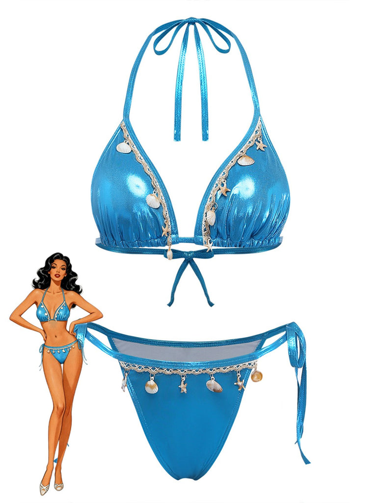Set-Bikini-Blu-Anni '80-Metallizzato-Conchiglia-Con-Scollo-All'americana