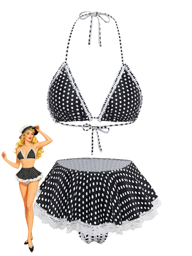 Set-Bikini-Nero-Anni '60-a-Pois-in-Pizzo-Con-Scollo-All'americana