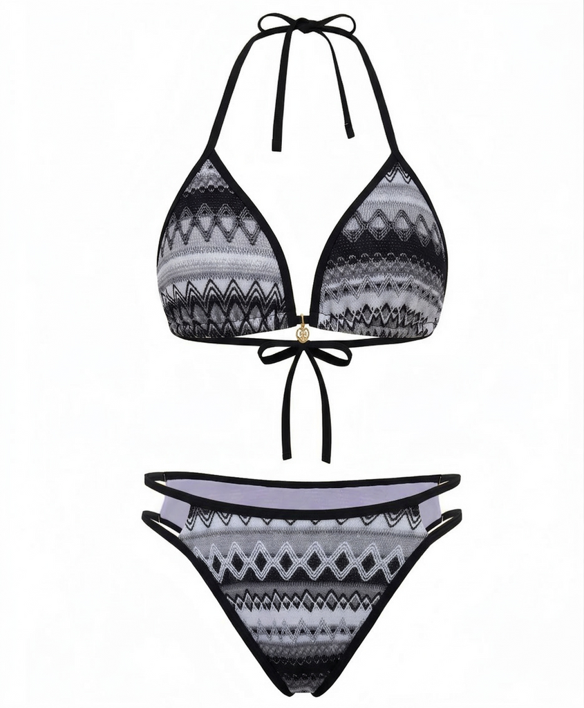 Set-Bikini-nero-Anni '70-Bohémien-Geometri-in-Maglia