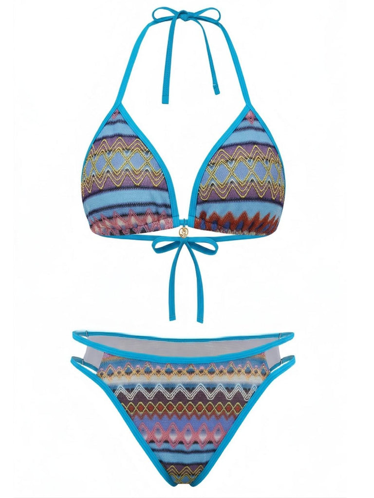 Set-Bikini-nero-Anni '70-blu-Bohémien-Geometri-in-Maglia
