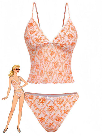 Set-Tankini-Arancione-Anni '70-Floreale-con-Scollo-a-V-Profondo