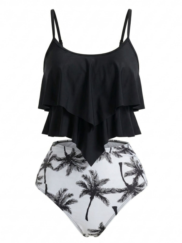 Set Tankini Nero Anni '50 con Volant e Palma di Cocco