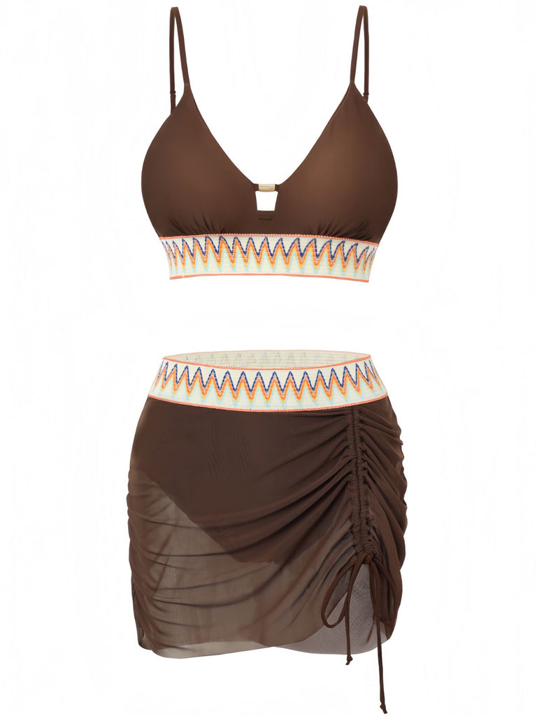 Set-Tankini-marrone-Anni '40-a-Spina-di-Pesce-in-Rete-Patchwork