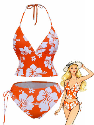 Set-tankini-arancione-anni '70-con-floreale-tropicale-e-scollo-all'americana