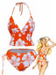 Set tankini arancione anni '70 con floreale tropicale e scollo all'americana