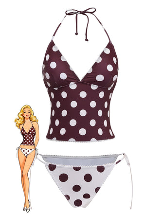 Completo da bagno a pois con illustrazione in stile vintage di una donna su sfondo bianco