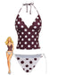 Set tankini marrone anni '40 a pois con scollo a V profondo