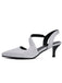 Silver glitter high-heeled shoes with black straps on a white background
