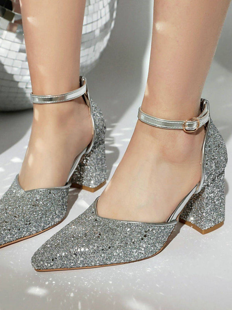 Décolleté a Punta con Glitter e Tacco Largo