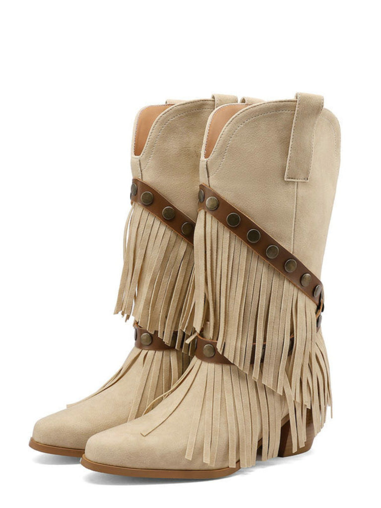 Stivali-BEIGE-in-Denim-Cowboy-del-West-con-Frange-a-Mezza-Gamba