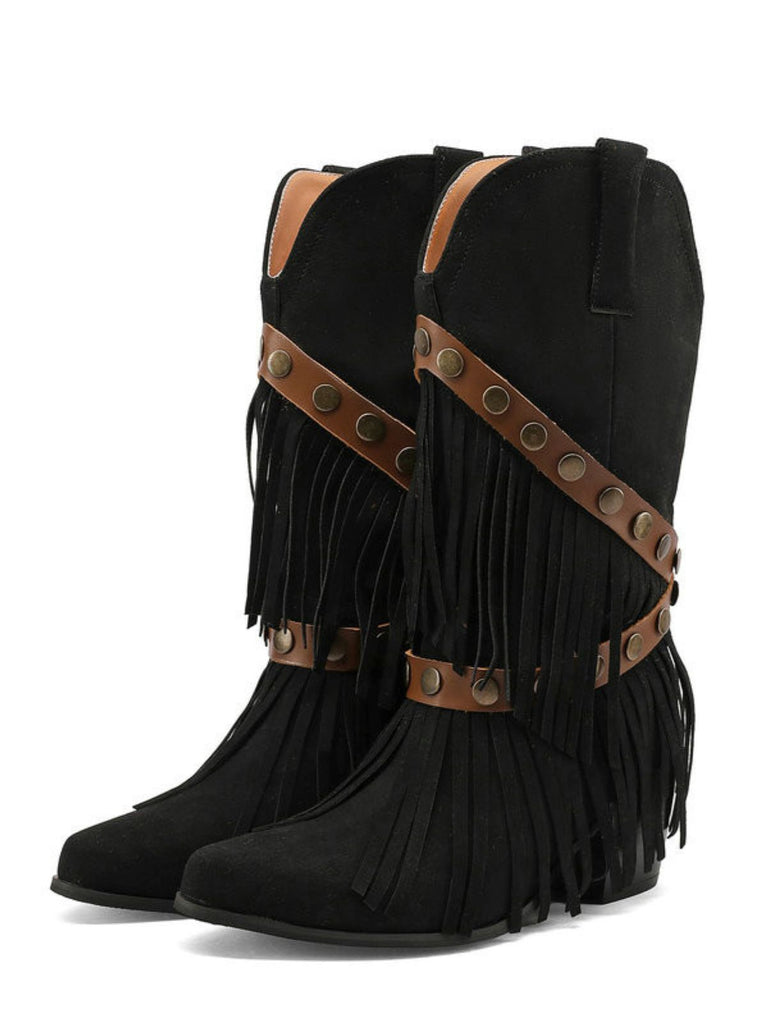 Stivali-NERO-in-Denim-Cowboy-del-West-con-Frange-a-Mezza-Gamba