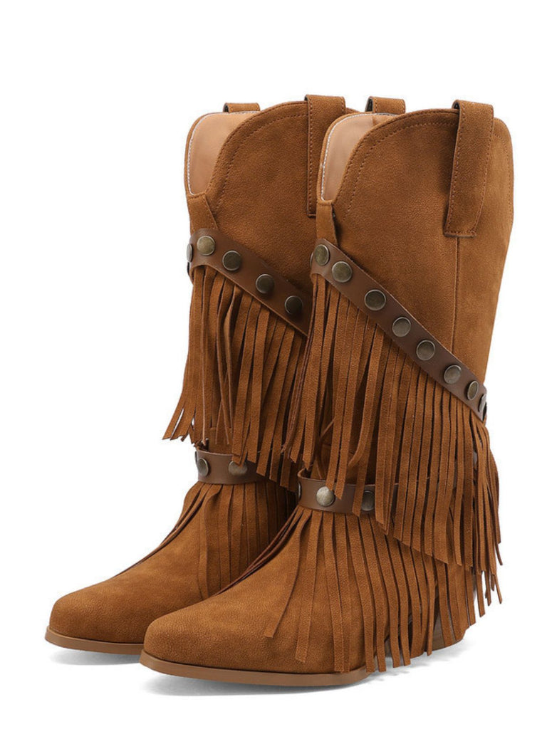 Stivali-in-Denim-Cowboy-del-West-con-Frange-a-Mezza-Gamba
