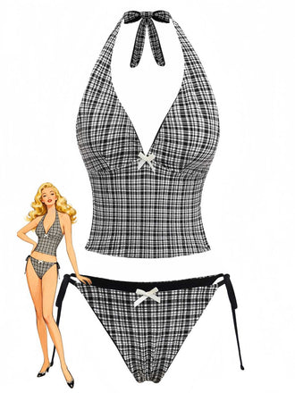 Costume da bagno tankini in stile vintage con scollatura profonda a V e design ispirato agli anni '60, perfetto per le vacanze al mare e per rilassarsi a bordo piscina.